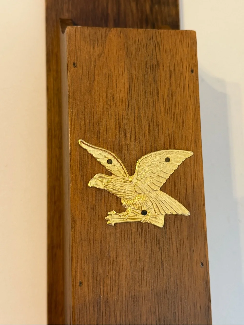 Vintage Wooden Wall-Mounted Match Holder with Brass American Eagle